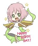  1girl angel angel_wings bambi-pix chibi dress full_body green_eyes happy_birthday harpy_(puyopuyo) highres looking_at_viewer madou_monogatari musical_note open_mouth pink_hair puyopuyo short_hair simple_background smile standing standing_on_one_leg star_(symbol) white_background white_dress wings yellow_wings 