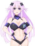  1girl adult_neptune alternate_breast_size arm_strap bare_shoulders breasts d-pad d-pad_hair_ornament fingerless_gloves gloves hair_between_eyes hair_ornament hands_on_own_hips highres large_breasts long_hair looking_at_viewer navel neptune_(series) paid_reward_available purple_eyes purple_hair simple_background solo swimsuit very_long_hair white_background zatsu 