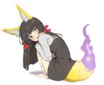  1girl :3 aged_down animal_ear_fluff animal_ears barefoot black_dress brown_hair dress fang fire flame-tipped_tail fox_ears fox_girl fox_girl_(mdf_an) fox_tail full_body hair_ribbon hime_cut hugging_own_legs kitsune long_hair looking_at_viewer looking_back mdf_an original purple_fire red_ribbon ribbon shirt simple_background sketch slit_pupils solo squatting tail white_shirt yellow_fur 