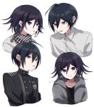  2boys ahoge alternate_costume black_hair buttons checkered_clothes checkered_scarf collared_shirt cropped_torso danganronpa_(series) danganronpa_v3:_killing_harmony double-breasted flipped_hair grey_shirt hair_between_eyes highres hsm_0704 jacket looking_at_another male_focus medium_hair multicolored_hair multiple_boys multiple_views oma_kokichi open_mouth purple_hair saihara_shuichi scarf shirt short_hair simple_background striped striped_jacket tears two-tone_hair 