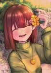  1other ^_^ blush brown_hair chara_(undertale) closed_eyes facing_viewer flower gold_necklace green_sweater hair_flower hair_ornament happy heart heart_necklace highres jewelry leaf locket looking_at_viewer necklace open_mouth pendant pink_flower short_hair smile solo striped striped_sweater sweater tomato_(suzuzunnda10) turtleneck undertale yellow_flower 