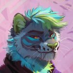  2022 anthro black_clothing black_eyebrows black_topwear blue_body blue_fur blue_hair cheek_tuft clothing digital_media_(artwork) digital_painting_(artwork) eyebrows facial_tuft fangs felid feline fur green_body green_fur green_hair green_nose grey_body grey_fur hair headshot_portrait hi_res inner_ear_fluff latrans male mammal narrowed_eyes neck_tuft orange_eyes pink_background portrait sabertooth_(anatomy) simple_background smile smug solo teeth topwear tuft whiskers white_body white_fur white_whiskers 