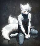  2023 2_tails anthro biped blue_eyes bottomwear cheek_tuft claws clothed clothing cuff_(restraint) domestic_cat ear_clip facial_tuft felid feline felis frank-79 front_view green_eyes handcuffed handcuffs head_tuft heterochromia hi_res kneeling kneeling_on_ground looking_at_viewer male mammal metal_cuffs multi_tail pants raining restraints shirt solo tail toe_claws topwear torn_bottomwear torn_clothing torn_pants tuft water whiskers white_body 