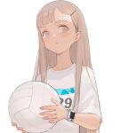  1girl absurdres ball brown_eyes brown_hair frown hair_ornament hairclip highres holding holding_ball looking_to_the_side original peter_pan_(adtc7243) shirt short_sleeves solo t-shirt upper_body volleyball watch weibo_logo weibo_username white_background white_shirt wristwatch 