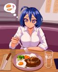  1girl ahoge blue_hair bright_pupils broccoli closed_mouth collared_shirt egg_(food) endless_monday:_dreams_and_deadlines english_commentary food fork glass hamburger_steak hcnone highres holding holding_fork knife looking_down original paper_towel pixel_art red_eyes rice shirt skye_(hcnone) sleeves_rolled_up solo table thinking thought_bubble upper_body water white_pupils white_shirt wooden_table 