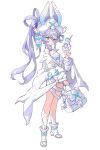  1girl animal_ears bag commentary dress full_body gun hair_between_eyes hair_ornament hairclip handbag highres holding holding_gun holding_weapon id_card intravenous_drip kumo_(kumo_hsc0216) long_hair off_shoulder purple_eyes purple_hair sidelocks standing symbol-only_commentary very_long_hair wavy_hair weapon white_bag white_dress white_footwear white_headwear 