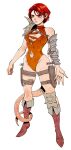  1girl annah-of-the-shadows armor boots breasts buckler cleavage clothing_cutout commentary_request dagger full_body groin highres jamadhar knee_boots knife kui_ryouko leather_strap leg_tattoo leotard navel navel_cutout orange_leotard pauldrons planescape:_torment poleyn red_eyes red_footwear red_hair scabbard sheath shield short_hair shoulder_armor single_bare_shoulder single_pauldron single_vambrace solo spiked_pauldrons tail tattoo thigh_strap tiefling traditional_media vambraces weapon 