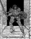  aconitum-acolyte armor armored_boots boots brick_wall dark_souls_(series) dark_souls_i darkwraith_(dark_souls) fighting_stance full_armor gauntlets highres hood knight looking_at_viewer monochrome shoulder_armor stairs sword weapon 