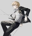  1other absurdres androgynous black_suit blonde_hair chain chhiii_o_o cowboy_shot crystal_earrings earrings formal from_side highres hunter_x_hunter jewelry kurapika long_sleeves necktie open_clothes profile red_eyes short_hair simple_background solo suit white_background 