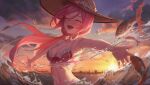  1girl bare_shoulders hat highres laughing long_hair original parted_bangs red_hair shengkai167 splashing sun_hat sunset swimsuit 