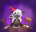  anthro band-aid bandage birthday birthday_cake cake clothing collar confetti cutlery depression dessert food hair hat headgear headwear hi_res hoodie kitchen_utensils long_hair mae_peppermint male mammal mephitid mewni party_hat sad skunk solo tamagotchi tools topwear white_hair 