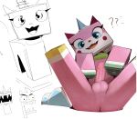  2023 anus balls blue_eyes butt domestic_cat felid feline felis feral genitals hi_res horn hybrid looking_at_viewer male mammal nude open_mouth open_smile penis pink_body question_mark simple_background smile smiling_at_viewer solo the_lego_movie twang unikitty white_body 