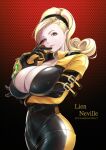  1girl blonde_hair bodysuit breasts cleavage curly_hair ema_(emaura) gloves hairband kof:_maximum_impact large_breasts lien_neville long_hair looking_at_viewer plunging_neckline smile snk solo standing the_king_of_fighters two-tone_bodysuit unzipped yellow_bodysuit 