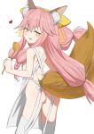  1girl absurdres animal_ears apron ass back bare_shoulders blush braided_sidelock breasts fate/samurai_remnant fate_(series) fox_ears fox_girl fox_tail highres long_hair looking_at_viewer mailixiang naked_apron pink_hair short_eyebrows small_breasts smile solo tail tamamo_(fate) tamamo_aria thighs yellow_eyes 