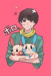  1boy bags_under_eyes bandages black_hair blue_eyes border closed_mouth commentary_request crossed_arms den_10_chu_10 green_shirt heterochromia highres holding holding_pokemon kamen_rider kamen_rider_build_(series) kiryuu_sento male_focus minun pink_background plusle pokemon pokemon_(creature) pokemon_(game) pokemon_emerald pokemon_rse portrait red_eyes scarf shirt solo white_border yellow_scarf 