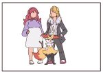  absurdres animal_ear_fluff animal_ears animal_nose black_fur blonde_hair body_fur braixen fox_ears fox_girl fox_tail fur_trim furry furry_female highres holding_hands pants pokemon pokemon_(creature) pokemon_xy pregnant red_eyes red_hair simonbutt6 skirt snout standing tail white_fur yellow_fur 