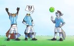  backwards_baseball_cap backwards_hat ball baseball_cap big_tail canid canine canis clothing collared_shirt comic_panel domestic_dog footwear fox grass_plain hat headgear headwear hi_res knee_highs legwear mammal shirt shirt_over_eyes shirt_over_face shoes short_pants sneakers soccer soccer_ball soccer_field soccer_jersey soccer_player soccer_socks soccer_uniform socks softailfox speech_bubble sport sportswear struggling_to_fit tail topwear uniform wolf 