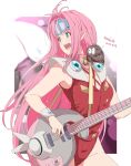  1girl :d artist_name electric_guitar green_eyes guitar headband highres holding holding_instrument instrument kichihachi leotard long_hair looking_to_the_side macross macross_7 mylene_jenius open_mouth pink_hair pointy_ears red_leotard smile teeth thighs twitter_username upper_teeth_only 