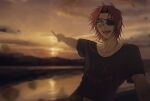  1boy black_shirt cloud earrings eyepatch green_eyes heartsteel_kayn highres jewelry kayn_(league_of_legends) league_of_legends looking_at_viewer male_focus necklace open_mouth outdoors parted_bangs pink_hair pointing shirt short_hair short_sleeves sky smile solo sunlight sunset teeth upper_body water zyrophin 