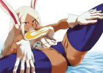  1girl absurdres animal_ears bare_shoulders blue_thighhighs boku_no_hero_academia breasts child_flame covered_abs covered_navel crescent_print dark-skinned_female dark_skin fur_collar gloves grin hands_on_own_thighs highres large_breasts leotard long_eyelashes long_hair looking_at_viewer lying mirko muscular muscular_female on_back parted_bangs presenting rabbit_ears rabbit_girl red_eyes sleeveless_turtleneck_leotard smile solo spread_legs taut_leotard thick_thighs thighhighs thighs white_gloves white_hair white_leotard 