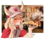  anthro blush blush_lines bodily_fluids bovid buckteeth caprine clothing eating eating_food food fur girly goat half-closed_eyes hat headgear headwear hi_res holding_food holding_object horn male male_anthro mammal narrowed_eyes noruru3737 pizza pizza_slice polo_shirt shirt solo steam sweat sweatdrop teeth tongue tongue_out topwear uniform white_body white_fur yellow_eyes 