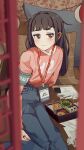  1girl :| arm_behind_back armband arms_at_sides artist_name black_hair blue_pants blunt_bangs blurry blurry_foreground blush brown_eyes casual cellphone check_translation chopsticks closed_mouth commentary denim food from_outside hair_strand highres hime_cut indoors ira_(servachok) jeans lanyard leaning_to_the_side long_hair long_sleeves looking_away looking_to_the_side messy_hair name_tag original pants paper partially_translated phone pillow pink_shirt russian_commentary safety_pin servachok shirt sidelocks sitting smartphone solo sushi sweatdrop translation_request wallpaper_(object) weighing_scale window yokozuwari 