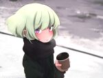  1boy alternate_costume aus_vaka black_scarf blush closed_mouth coffee coffee_cup cup disposable_cup green_hair green_sweater highres holding holding_cup lio_fotia looking_at_viewer male_focus otoko_no_ko outdoors promare purple_eyes scarf short_hair snow solo steam sweater upper_body 