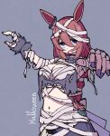  1girl animal_ears bandaged_arm bandaged_head bandages blue_eyes breasts brown_hair chest_sarashi hair_between_eyes halloween horse_ears large_breasts long_hair looking_at_viewer navel open_mouth outstretched_arms purple_nails sarashi solo sudzume super_creek_(chiffon_ribbon_mummy)_(umamusume) super_creek_(umamusume) umamusume upper_body wrist_cuffs 