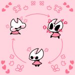  1girl =3 anger_vein angry arrow_(symbol) arthropod_girl black_eyes blank_eyes bug butterfly chibi cloak commentary flower full_body heart hollow_knight hornet_(hollow_knight) legs_apart multiple_views pink_background pink_theme puffy_cheeks red_cloak sakana_2-gou sequential standing 