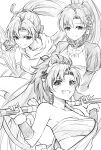  1girl bandages bandeau bare_shoulders breasts chest_sarashi cleavage commentary_request earrings fire_emblem fire_emblem:_the_blazing_blade fire_emblem_heroes greyscale grin headband holding holding_weapon jewelry juliet_sleeves long_sleeves looking_at_viewer lyn_(fire_emblem) medium_breasts monochrome multiple_views ponytail puffy_sleeves sarashi scarf shuriken smile strapless ten_(tenchan_man) tube_top upper_body weapon 