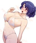  1girl :o arched_back arm_at_side armpit_crease bare_arms bare_shoulders bikini blue_hair blush breasts brown_eyes collarbone commentary_request covered_nipples cowboy_shot crossed_bangs female_pubic_hair groin hand_up highleg highleg_bikini highres idolmaster idolmaster_million_live! idolmaster_million_live!_theater_days large_breasts looking_ahead namidame navel nipples nose_blush official_alternate_hairstyle open_mouth ponytail pubic_hair pubic_hair_peek raised_eyebrows see-through short_hair simple_background solo standing stomach string_bikini sweat swimsuit teeth toyokawa_fuka transparent_background upper_teeth_only wet wet_clothes wet_swimsuit white_bikini 