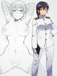  1girl armpits ass_visible_through_thighs blue_eyes blue_hair blush breasts censored collarbone elbow_gloves em_(totsuzen_no_hakike) epaulettes gloves hand_on_own_hip heart heart_censor large_breasts long_hair looking_at_viewer looking_to_the_side navel nipples original ponytail pussy skindentation smile solo spread_legs standing thighhighs uniform white_uniform 