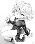  1girl 2023 blush breasts curly_hair dress eating food high_heels highres looking_at_viewer looking_up mogudan one-punch_man pelvic_curtain popsicle short_hair sitting small_breasts tatsumaki thick_thighs thighs 