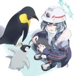  1girl animal bird black_pantyhose blue_archive boots coat dice_gt fur-trimmed_boots fur_trim green_eyes green_hair grey_headwear halo hand_on_knees hardhat hat helmet highres jacket long_hair long_sleeves looking_at_viewer minori_(blue_archive) open_clothes open_coat open_mouth pantyhose penguin scarf shadow smile solo squatting white_background white_headwear white_scarf 