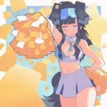  1girl animal_ears black_hair blue_archive blue_eyes border breasts cheerleader detached_collar dog_ears dog_girl dog_tail english_commentary eyewear_on_head goggles goggles_on_head halo hibiki_(blue_archive) hibiki_(cheer_squad)_(blue_archive) highres holding holding_pom_poms inkerton-kun looking_at_viewer medium_breasts millennium_cheerleader_outfit_(blue_archive) miniskirt navel official_alternate_costume outside_border pleated_skirt pom_pom_(cheerleading) reaching reaching_towards_viewer skirt solo sweat tail text_print white_border white_skirt yellow_halo 