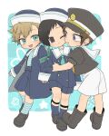  3boys :o aqua_eyes aqua_necktie aqua_socks arafune_tetsuji armband arms_at_sides black_footwear black_hair black_headwear blonde_hair blue_coat blue_headwear blue_shorts blue_socks boots brown_hair cheek-to-cheek chibi coat full_body hat heads_together highres holding_hands hug inukai_sumiharu jacket kneehighs legwear_garter long_sleeves looking_at_another looking_at_viewer male_focus multiple_boys necktie one_eye_closed open_clothes open_jacket outside_border peaked_cap purple_eyes sailor_collar sailor_hat shirt shishou_(xxsisyou) short_hair short_necktie shorts smile socks standing striped striped_shirt striped_socks suspender_shorts suspenders tsuji_shinnosuke white_shorts world_trigger 