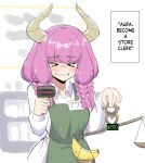  &gt;_&lt; 1girl alternate_costume apron aura_(sousou_no_frieren) balance_scale banana barcode_scanner blush braid closed_eyes commentary contemporary convenience_store cowboy_shot crying demon_girl demon_horns english_commentary english_text facing_viewer food fruit green_apron hands_up highres holding_scale holding_scanner horns long_hair long_sleeves low_twin_braids name_tag pink_hair shop sifserf solo sousou_no_frieren store_clerk teeth twin_braids weighing_scale 