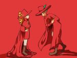  1boy 1girl bartz_klauser blonde_hair blue_eyes boots bowing cape closed_mouth final_fantasy final_fantasy_v full_body hat hat_feather highres krile_mayer_baldesion_(ff5) long_hair ponytail red_mage short_hair simple_background smile 