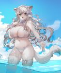  1girl absurdres animal_ears breasts cat_ears cat_tail fangs hair_ornament highres large_breasts leg_ribbon long_hair myumyutain navel open_mouth original ribbon swimsuit tail thigh_ribbon water white_headwear white_ribbon 
