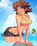  1boy 1girl alternate_costume ass beach blue_eyes blue_sky blush bra breasts brown_hair cleavage cloud dark-skinned_female dark_skin day earrings eyewear_on_head facial_hair grin hat highres jewelry looking_at_viewer luigi mario_(series) medium_breasts medium_hair minicop2001 mustache open_mouth outdoors panty_straps partially_submerged princess_daisy shiny_skin short_hair shorts sky smile string sunglasses tan teeth thick_thighs thighs underwear upper_teeth_only water wet wide_hips 
