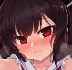  1girl black_hair blush close-up collarbone collared_dress dress from_above heavy_breathing looking_at_viewer null_(nyanpyoun) red_dress red_eyes short_hair smile solo sweat touhoku_kiritan variant_set voiceroid 