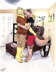  absurd_res anthro canid canine canis clothing color_pencil embrace felid hi_res hug inside invalid_background kissing lion making_out male mammal pantherine romantic tongue traditional_media_(artwork) wolf 