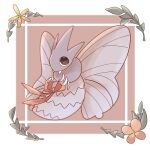  animal_focus black_eyes blurry blush border bow bug commentary depth_of_field fangs flower full_body highres moth no_humans orange_flower pokemon pokemon_(creature) red_background red_bow solo tamako_(pixiv_71110817) venomoth white_border yellow_flower 