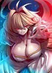  1girl antenna_hair archetype_earth arcueid_brunestud blonde_hair breasts cleavage commentary dress hair_between_eyes hair_intakes highres huge_breasts long_hair parted_lips red_eyes smile solo tsukihime tukiwani upper_body white_dress 