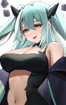  1girl :p absurdres azur_lane bare_shoulders black_jacket black_leotard blurry blurry_background breasts cleavage clothing_cutout commission green_hair hair_between_eyes highres jacket large_breasts leotard light_blush long_hair looking_at_viewer masamura_(masamura_eliza) navel off_shoulder second-party_source sidelocks siren_(azur_lane) siren_hermit_(azur_lane) solo stomach stomach_cutout tongue tongue_out two_side_up yellow_eyes 