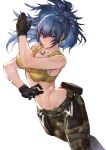  1girl bare_shoulders biceps black_gloves blue_eyes blue_hair breasts camouflage camouflage_pants cargo_pants cleavage crop_top dog_tags earrings gloves highres jewelry large_breasts leona_heidern long_hair looking_at_viewer midriff navel oro_(sumakaita) pants ponytail snk soldier solo tank_top the_king_of_fighters the_king_of_fighters_xv toned triangle_earrings yellow_tank_top 