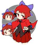  1girl black_shirt blue_bow bow cape cowboy_shot cropped_legs disembodied_head hair_bow ini_(inunabe00) long_sleeves pleated_skirt red_cape red_eyes red_hair red_skirt sekibanki shirt short_hair skirt solo touhou 