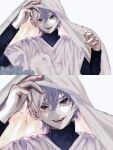  1boy absurdres haru_(yckd5728) highres hunter_x_hunter killua_zoldyck layered_sleeves long_sleeves looking_at_viewer male_child male_focus purple_eyes shirt short_hair short_over_long_sleeves short_sleeves simple_background smile solo upper_body white_background white_hair white_shirt 