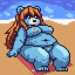  animated anthro beach beach_towel bear breasts chilling female happy hi_res mammal nude nude_anthro overweight seaside solo towel xmias 