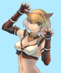  1girl 2022 animal_ears artist_name avatar_(ff11) black_gloves blonde_hair blue_eyes blue_hairband breasts cactus41747280 cat_ears cat_girl claw_pose cleavage closed_mouth dated elbow_gloves final_fantasy final_fantasy_xi fingerless_gloves fingernails gloves hairband hands_up highres light_blue_background looking_at_viewer low_ponytail medium_breasts mithra_(ff11) multicolored_hairband navel red_hairband short_hair smile white_hairband 
